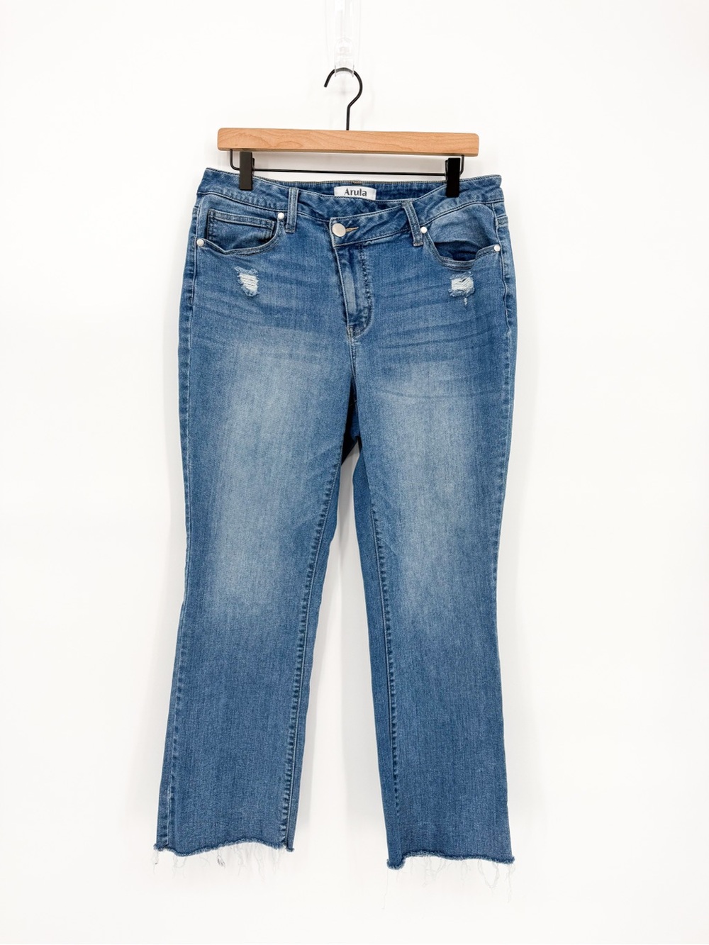 Arula Distressed Crop Flare Jeans Vintage Wash Blue Denim Size 12